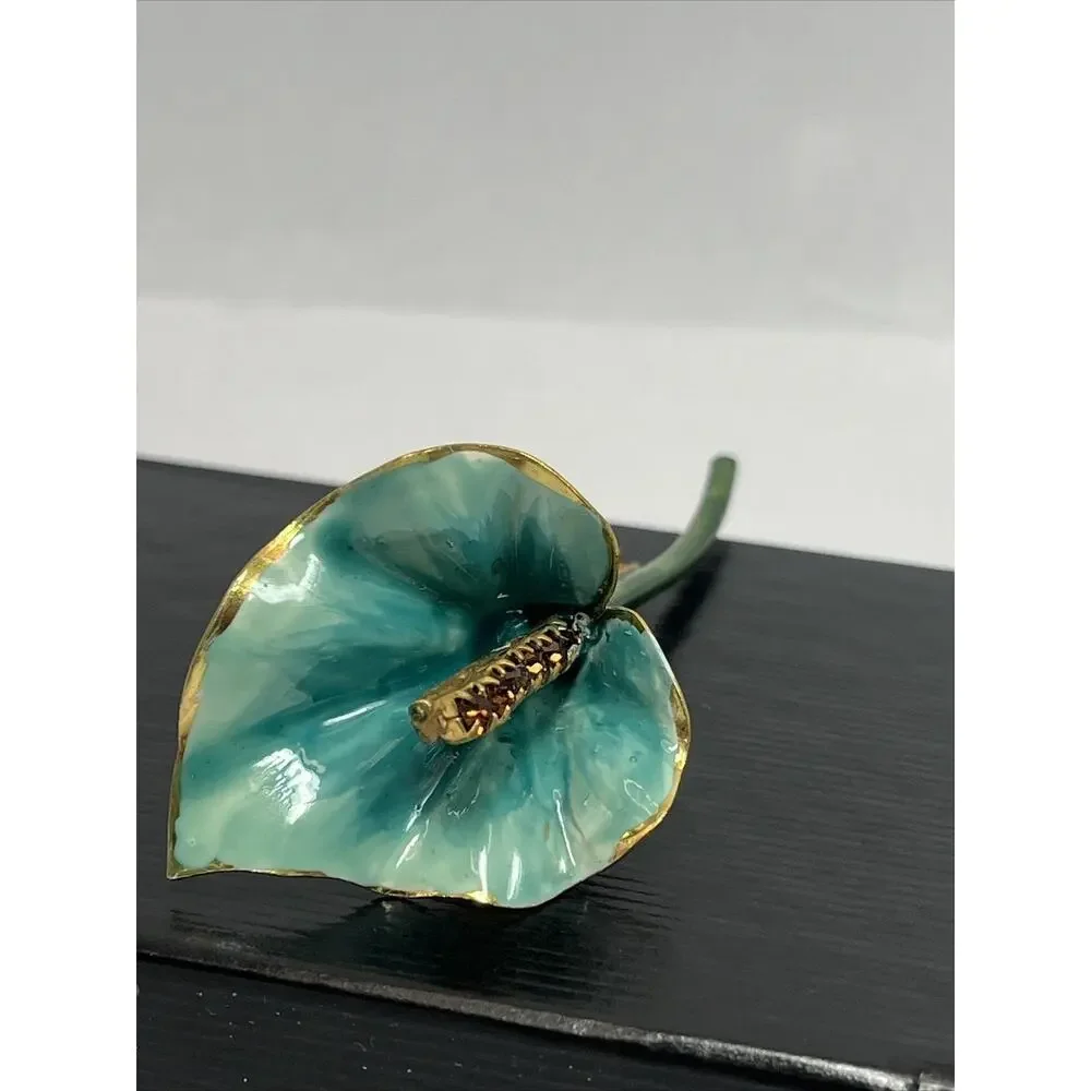 Sandor Vintage Brooch Gold Tone Enamel Green Blue Flower Amber Tone Rhinestone